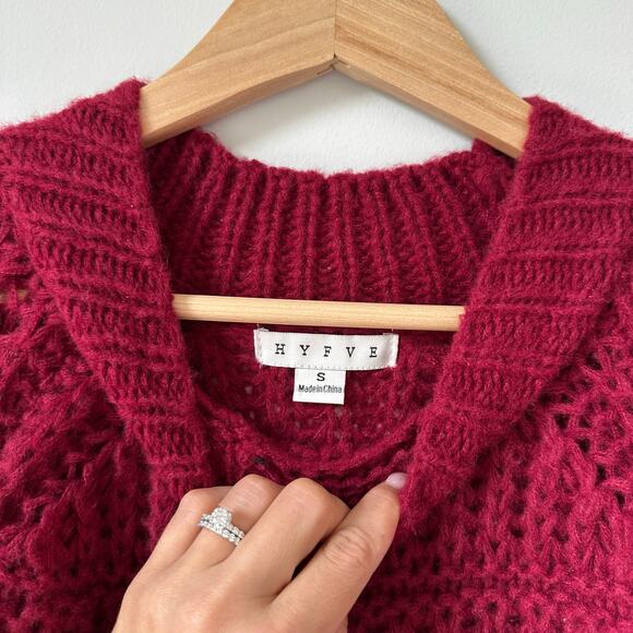 HYFVE Chunky-Knit Crew Neck Long Sleeve Cropped Pullover Sweater Red S - Picture 4 of 7